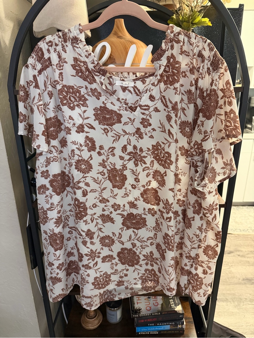 Maurices Cream and Brown Floral V-Neck Blouse